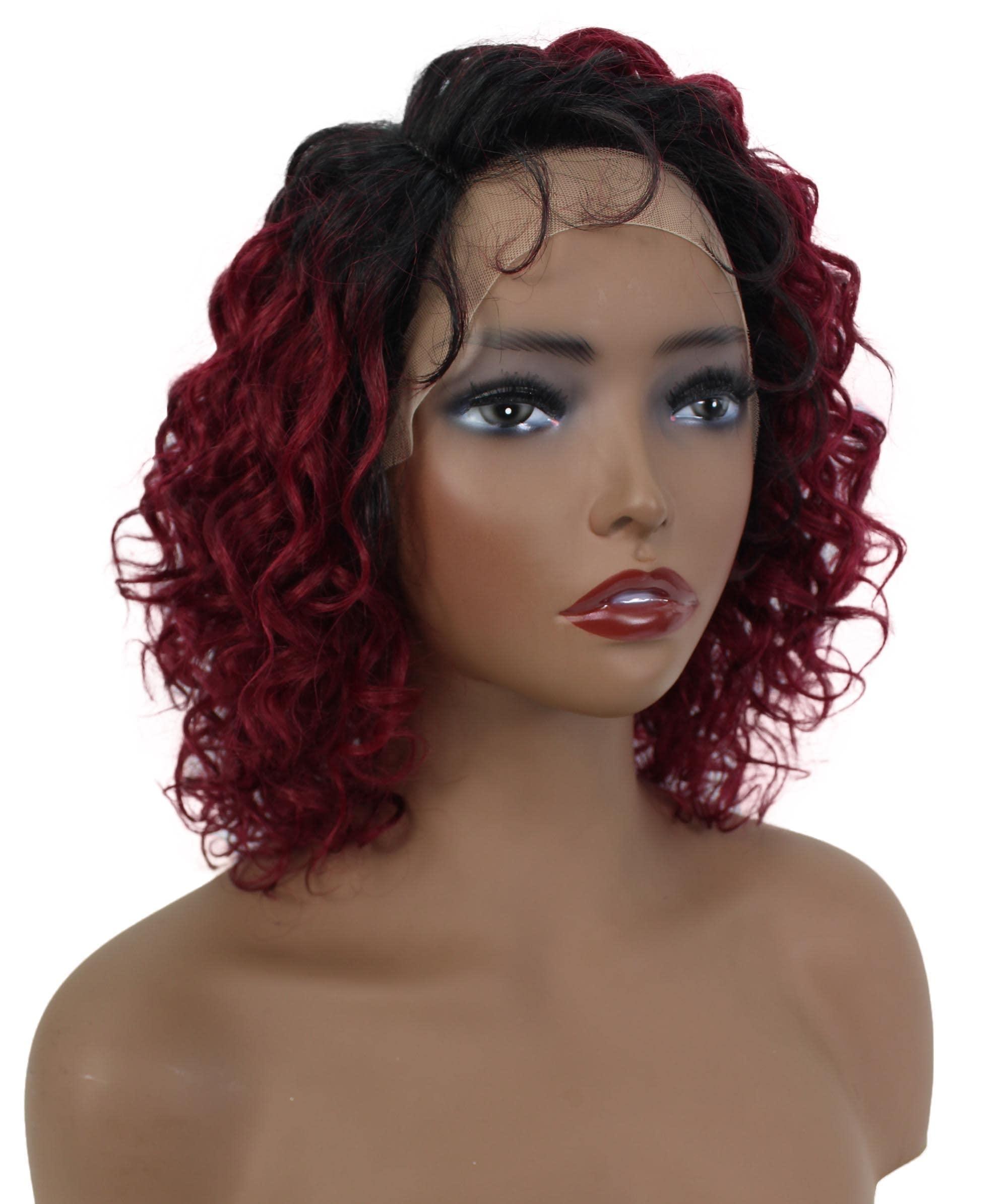 LUXLUXE LUXLUXE Lanelle Curly Jaw-Length Cut 11 in Long Side Part Wig, Heat Stylable Human Hair, BLH-0007 (Black to Red Blend)
