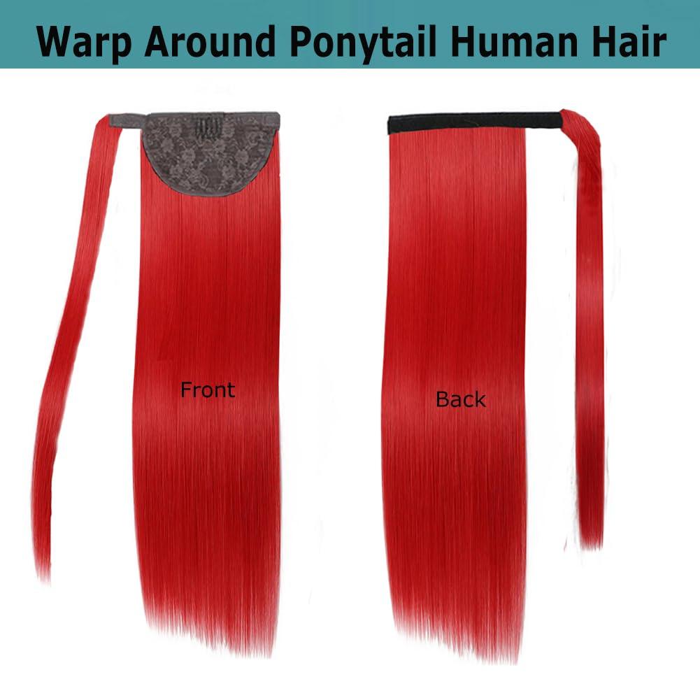 Kiss darling LASHES Red Straight Ponytail Extension Human Hair Wrap Around Ponytail Hair Extensions 22inch 150g Straight Clip Ins Ponytail Human Hair Extensions for Women