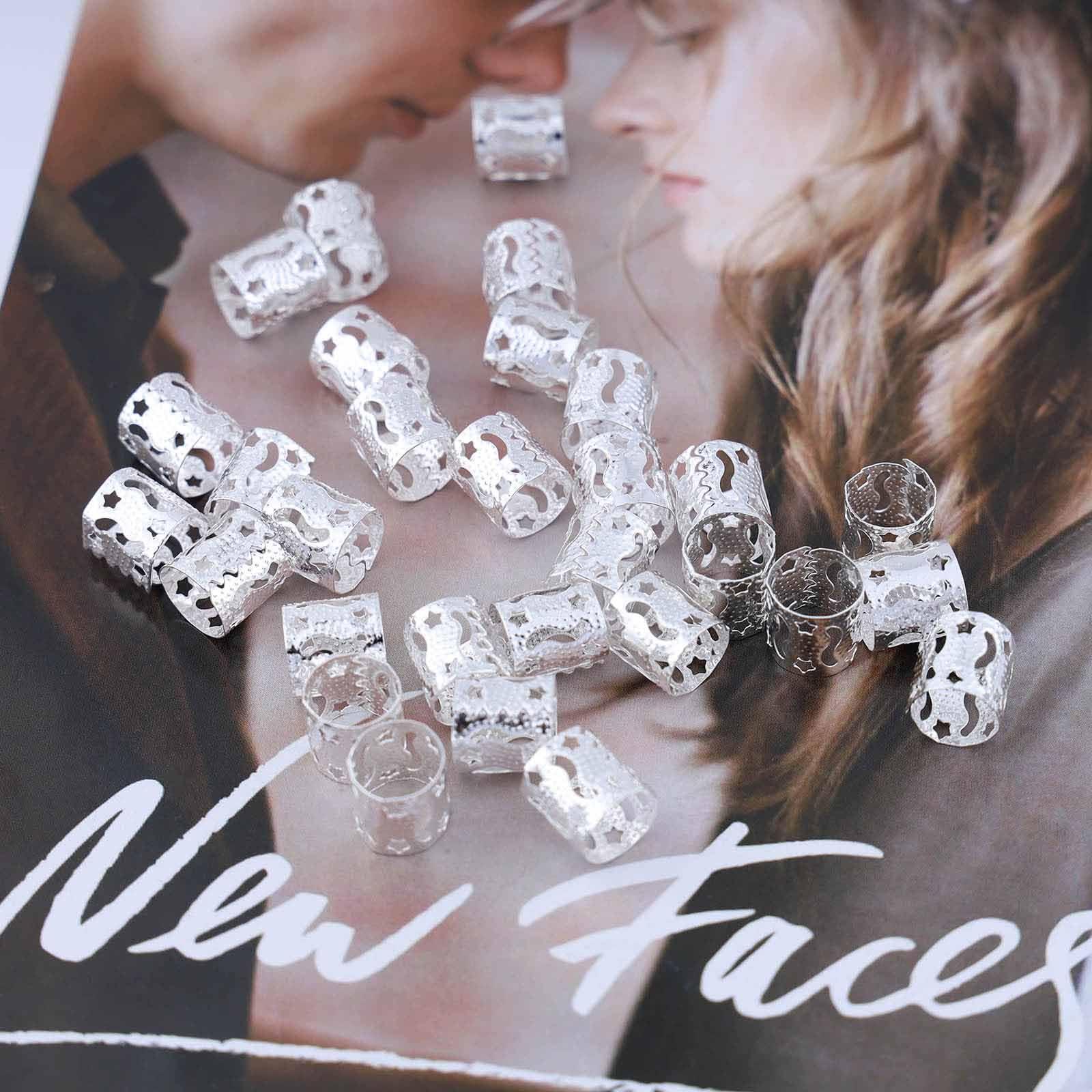 Iaceble Iaceble Bohemia Dreadlocks Beads Hair Braid Silver Dreadlocks Hair Ring Metal Hair Cuff Braid Adjustable Dreadlocks Hair Cuffs Beads Rings Hip Hop Hair Rings Decorative Hair Accessories 30Pcs