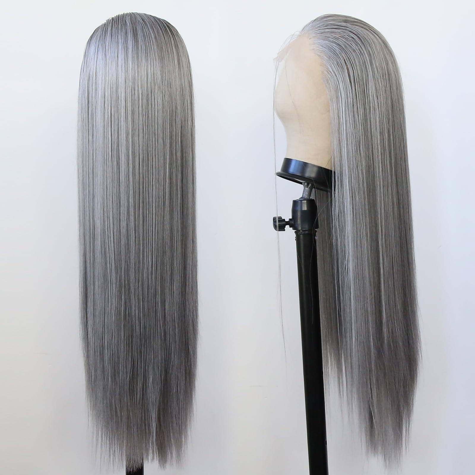 BTWTRY BTWTRY Gray Wig Long Straight Grandma Grey Synthetic Lace Front Wigs Pre Plucked Natural Hairline for Black Women Heat Resistant Fiber Hair Cosplay Daily Wear Wig (Grandma Grey)