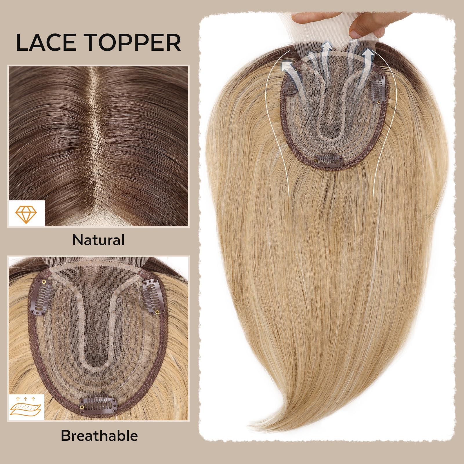 WIGNEE WIGNEE 14 Inches Ombre Blonde Hair Toppers Swiss Lace Hair Topper with Curtain Bangs Toppers Hair Pieces for Women Kanekalon Hair Toppers for Thinning Hair Natural Looking Hair Toppers for Women