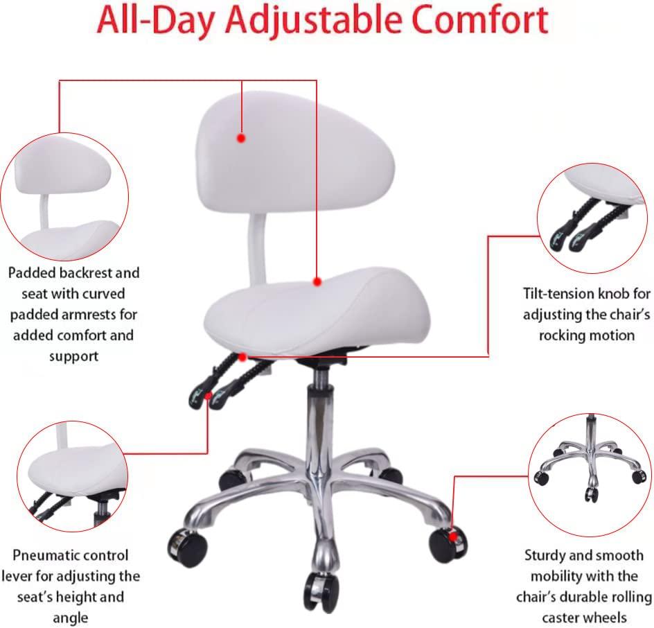MWOSEN MWOSEN Saddle Stool Chair with Back Rolling Esthetician Seat for Salon Tattoo Shop Spa Facial lash Home Dentist Clinic Esthetician Chair(with Back Support, White)
