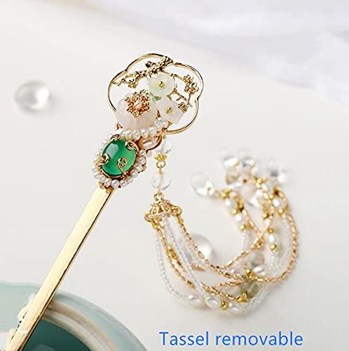 Yuri Yuri Hairpin Hair Clasp Sticks Picks Pearl Shell White Crystal Long tassels Hair Accessories For Long Hair Women Wedding Hanfu Cheongsam (green jade)