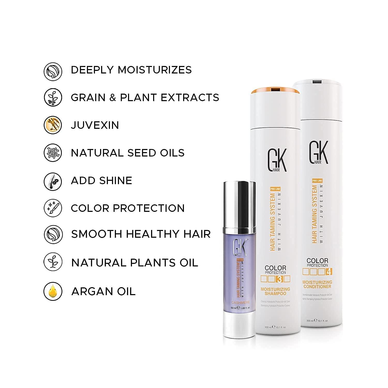 GK HAIR GK Hair Global Keratin Moisturizing Shampoo And Conditioner 300ml With Cashmere Serum 50ml And Free Argan Oil Serum 10ml For Dry Curly Thick Frizzy Damage Unmanageable Hair - Sulfate And Paraben Free