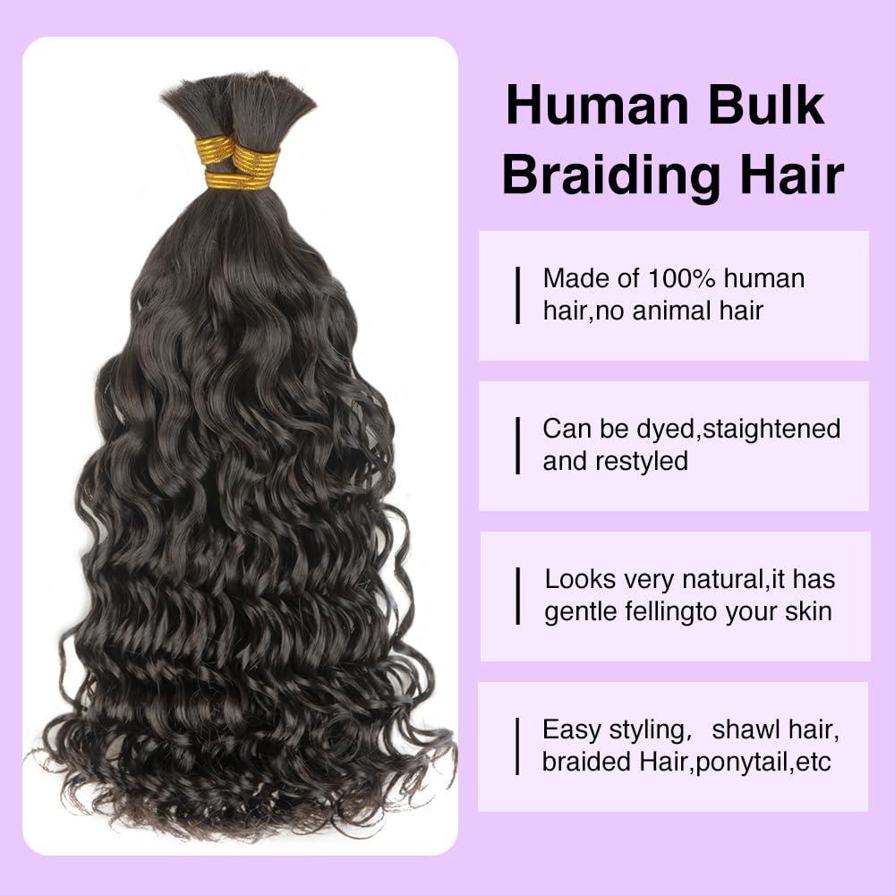 CurlyPark Water Wave Bulk Human Hair for Braiding Double Drawn Natural Color Curly Human Braiding Hair for Boho Braids Bohemian 100grams (20 Inches, Water Wave)