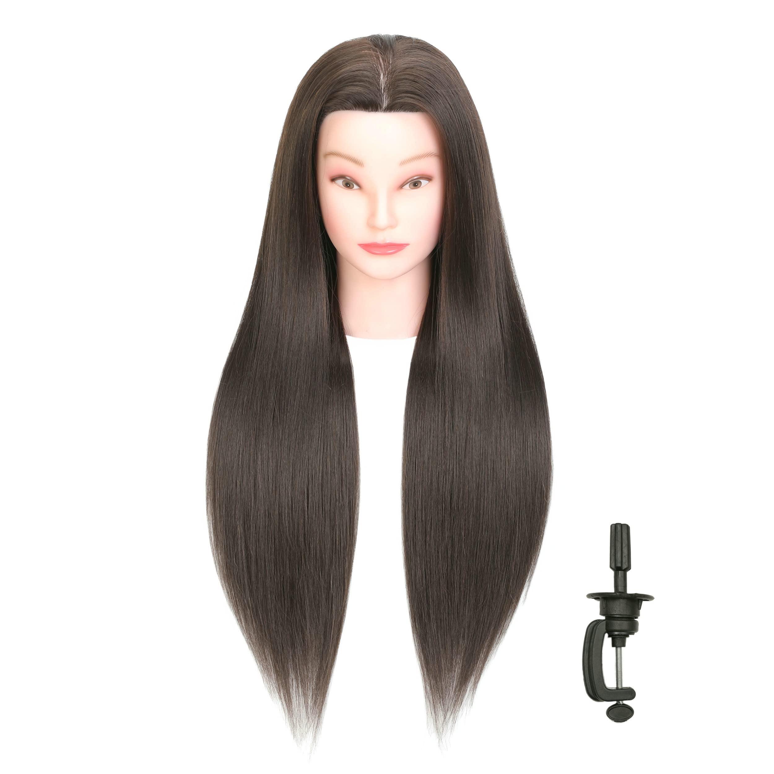 LOHXINHAIR LOHXINHAIR 30 Inch Long Brown Hair Mannequin Head 20% Human Hair Manikin Cosmetology Doll Training Head for Hairdresser Practice Braiding Styling Curling Cutting Updos Display with Table Clamp Stand