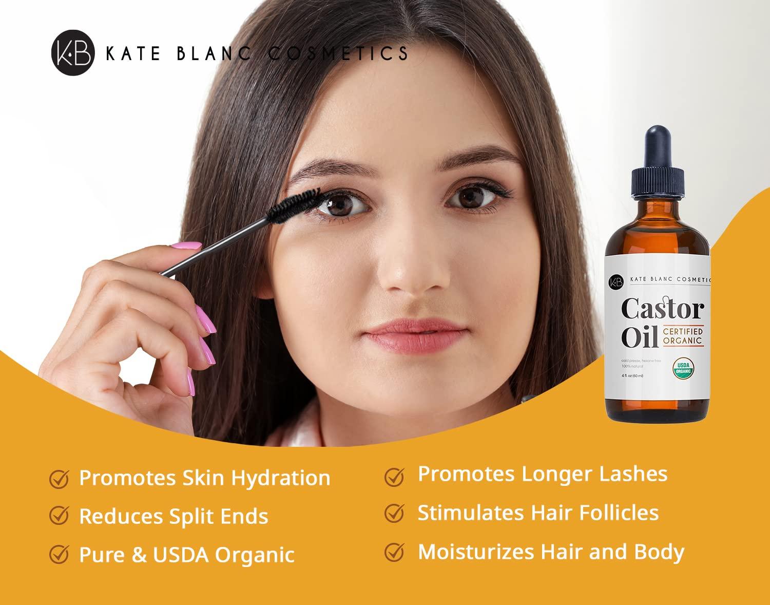 Kate Blanc Cosmetics Kate Blanc Cosmetics Organic Castor Oil (4oz). 100% Pure, Cold Pressed, Hexane Free in a Glass Bottle. Stimulate Growth for Eyelashes, Eyebrows, Hair. Skin Moisturizer & Oil Cleanse with Starter Kit