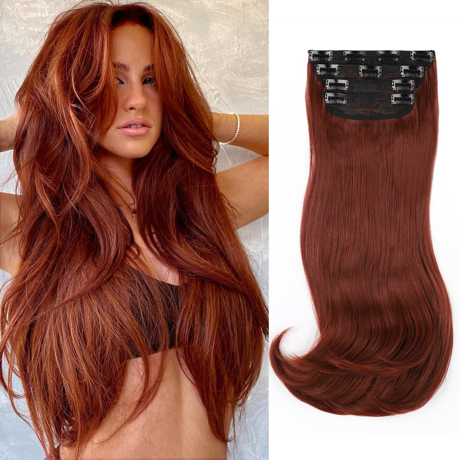 FREEMEIGE FREEMEIGE Copper Red Hair Extensions Clip in Hair Extensions for Women Straight Layered Hair Extensions Synthetic Clip in Extensions Long Wavy Extension Daily Use 20 Inch