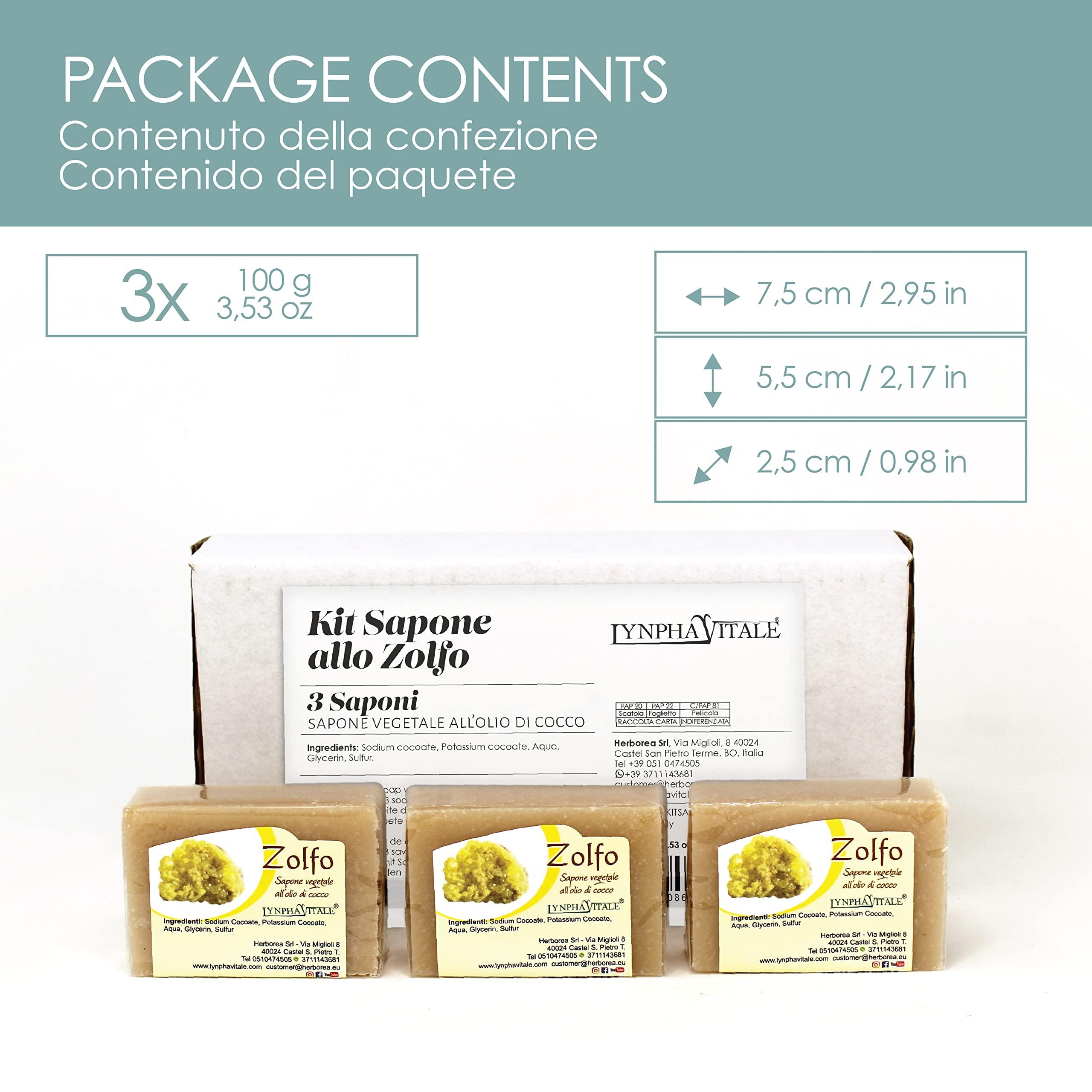 LYNPHA VITALE LYNPHA VITALE Sulfur Soap Bar - 100% Handmade Natural Bar Soap with Coconut Oil - Sulphur Soap ideal to Nourish and Heal Oily Skins - 3,5 oz - 3 Soaps Pack