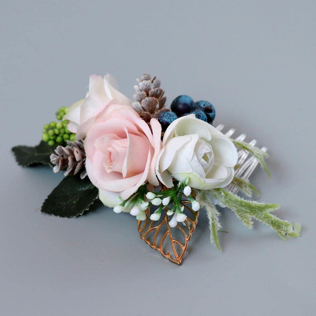 barenx barenx Silk Floral Hair Comb Artificial Flower Leaves Wedding Headpieces - 8x14x3cm, Rose+Golden Leaf