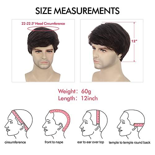 R REEWES FASHION HAIR REEWES Mens Dark Brown Wig Short Men Wig Curly Men's Wig with Side Swept Bangs Natural Synthetic Full Wig for MaleDaily Party Costume Cosplay Wear