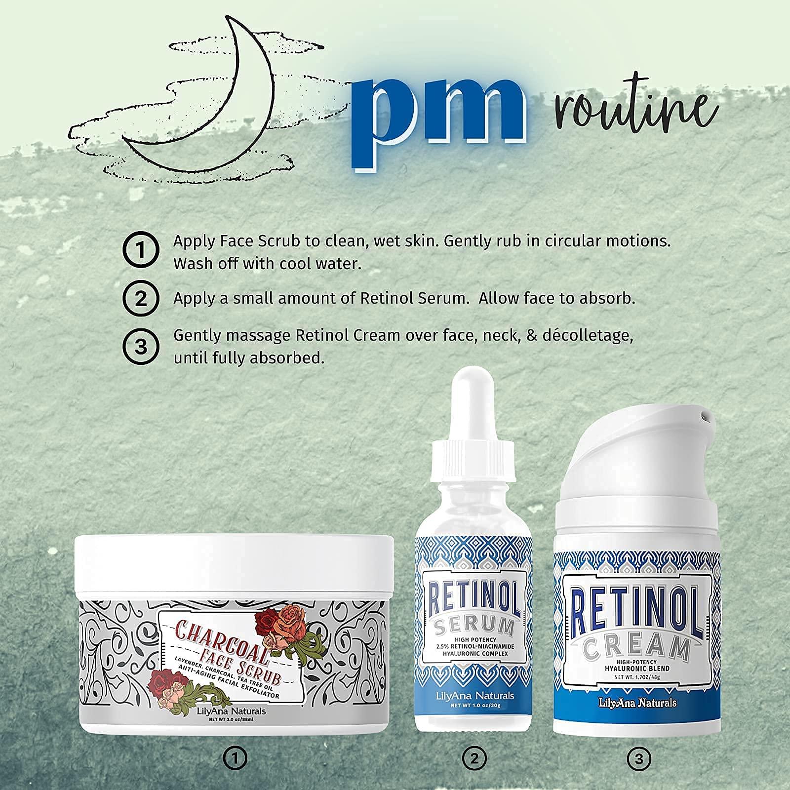 LilyAna Naturals Retinol Plus - Retinol Cream for Face 1.7oz (1-Pack) and LilyAna Naturals Retinol 2.5% Serum 1oz (1-Pack), for effective treatment of dark spots and acne scars