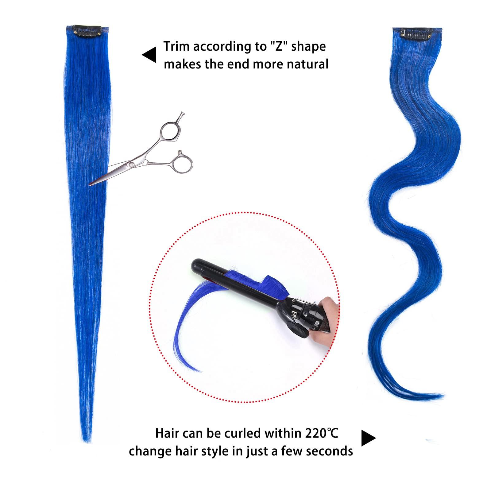 Flying Beauty 5 Pcs blue hair extensions 18 Inches Colored Christmas Party Highlights Straight Hair Clip in Human Hair Extensions in Multiple Colors
