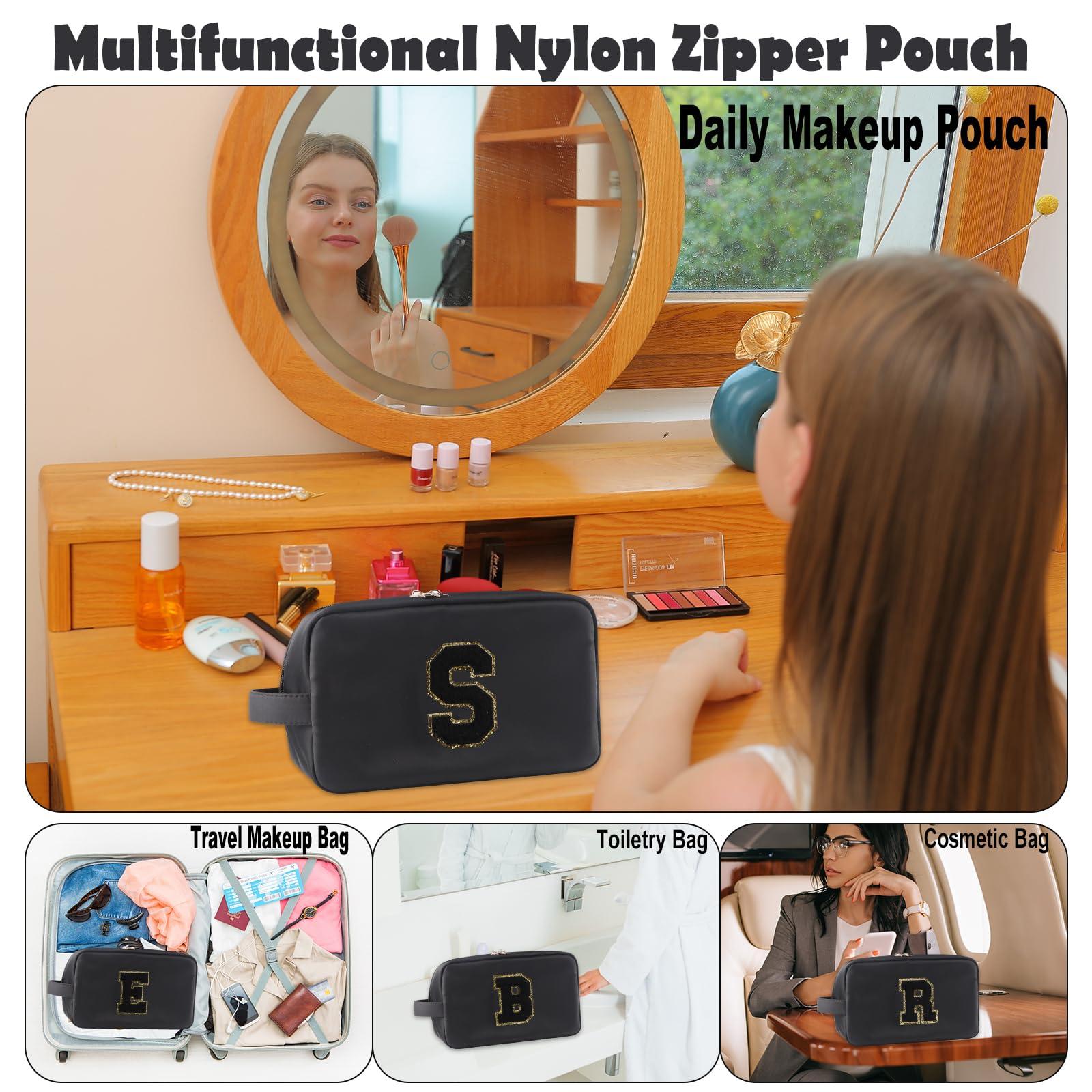 YogoRun YogoRun Initial Makeup Bag for Purse With Glitter Chenille Portable Water-resistant Travel Bags for Toiletries Nylon Cosmetic Bag Pouch for Women (Black-X)