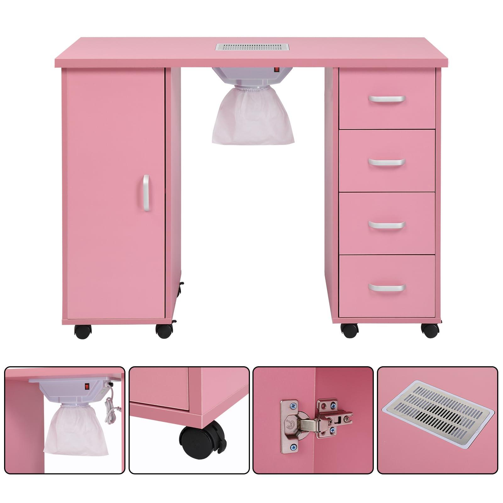 NALLBEIRRAA NALLBEIRRAA Pink Manicure Nail Table Station, Nail Desk with Electric Downdraft Vent, Locking Castors, 2 Layers Storage Cabinet, 4 Removable Drawers for Nail Tech, Beauty Salon (Pink)