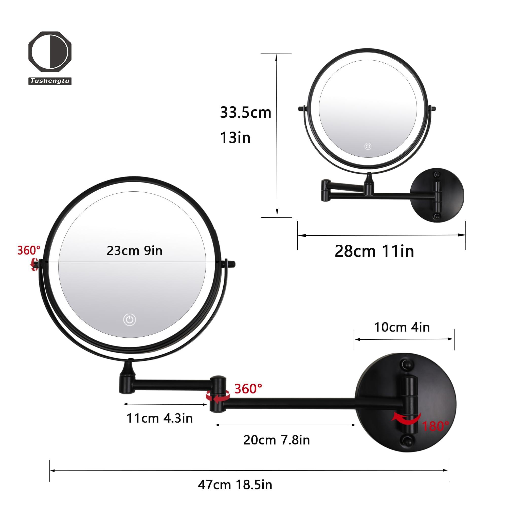 TUSHENGTU 9\" Large Black Wall Mount Magnifying Mirror With Light, TUSHENGTU 3000mAh Rechargeable Lighted Makeup Vanity Mirror Wall Mounted Swing Arm,10X/1X Magnifying Vanity Mirror for Bathroom 360Double Sided