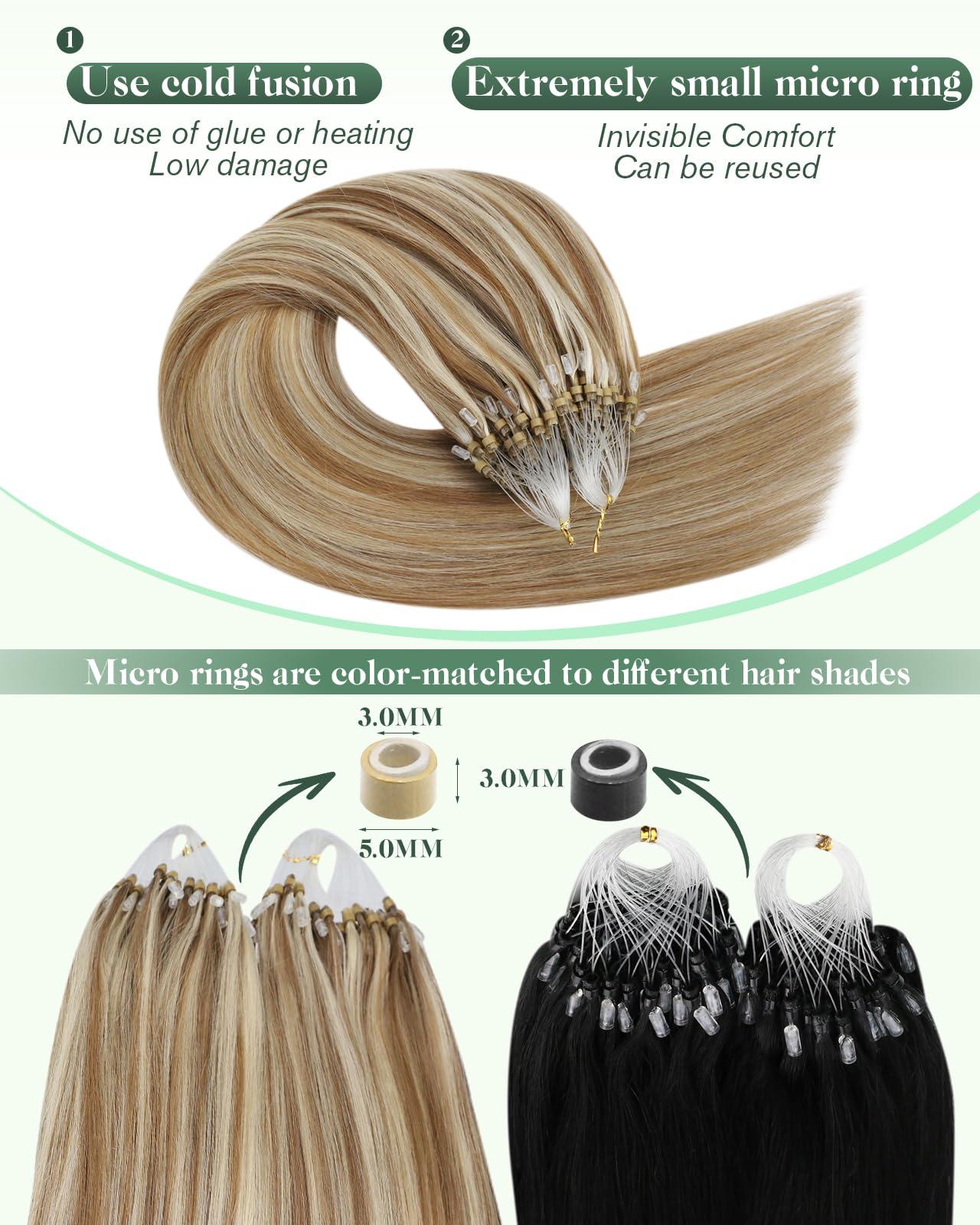 Ugeat Ugeat Micro Loops Hair Extensions Golden Brown Highlights Bleach Blonde Micro Bead Hair Extensions Highlight Real Human Hair Micro Rings Hair Extensions Straight Hair 22 Inch 50g 50s