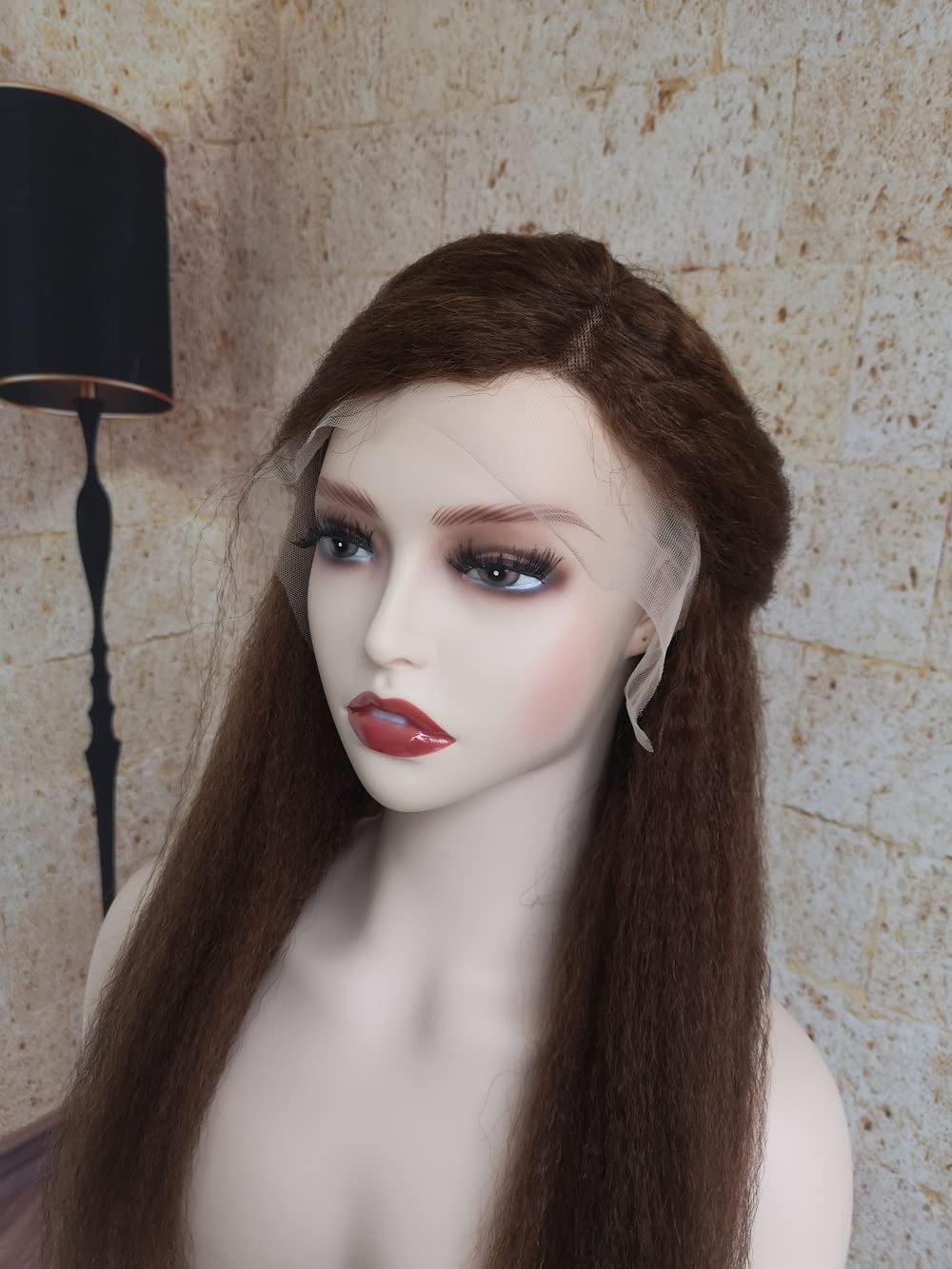 HAOKE Italian Yaki Lace Front Wigs Human Hair 4x4 Silk Base Top Yaki Kinky Straight Human Hair Wigs for Black Women Medium Auburn Wig Glueless Human Hair Lace Wig with Baby Hair (8inch, 4x4 Silk Base Wig)