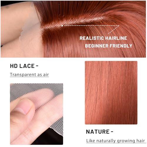 MURAME MURAME 26Inch Lace Front Ginger Wig,Pre-Plucked 13x4x1 Synthetic HD Lace Front Wigs for Women Long Straight Glueless Ready to Wear Wig Orange Ginger Wig