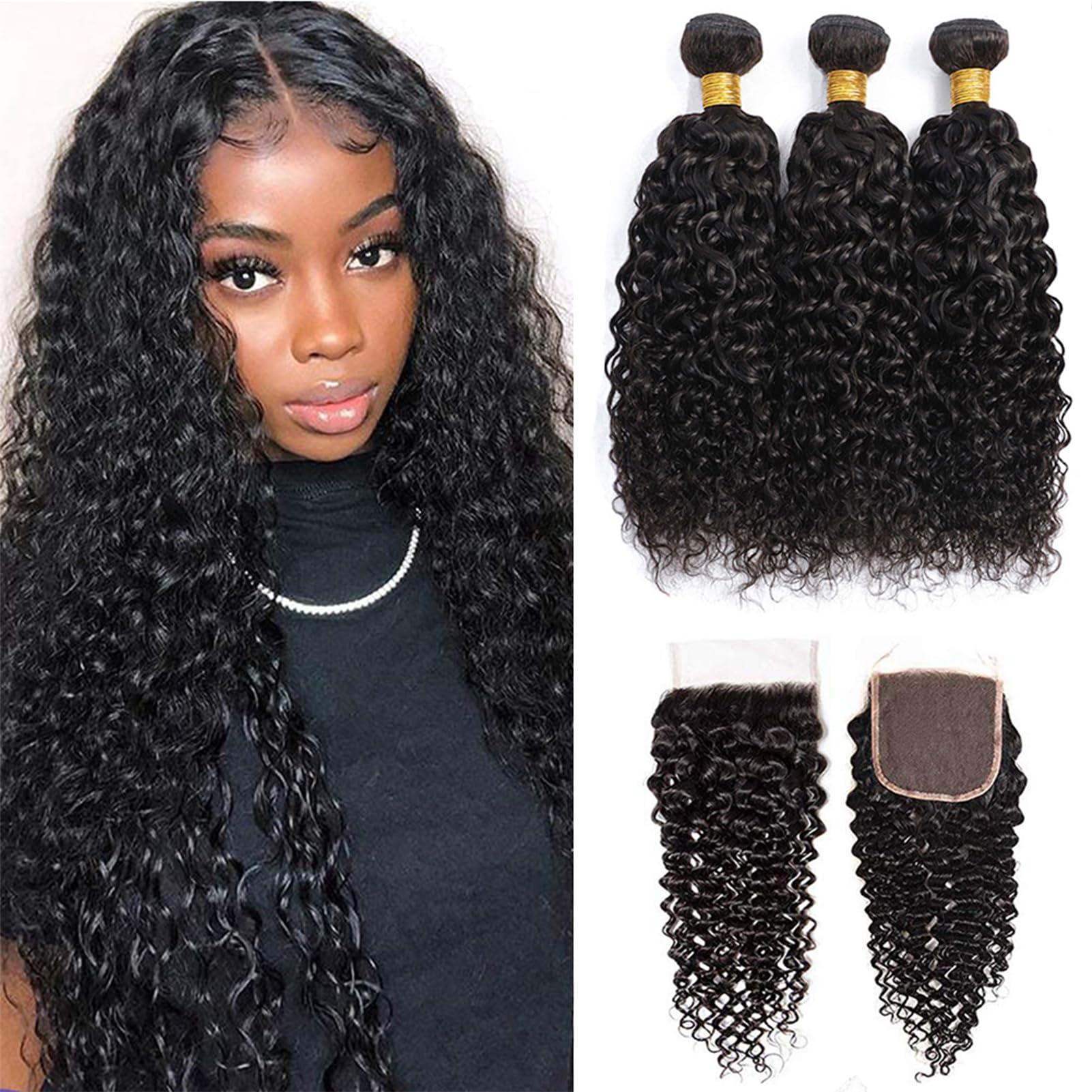 ROYAL IMPRESSION 12A Curly Bundles Human Hair with Closure (24 26 28+22\") Brazilian Curly Hair 3 Bundles with Closure 100% Unprocessed Virgin Kinky Curly Human Hair Weave Bundles with Closure Natural Color