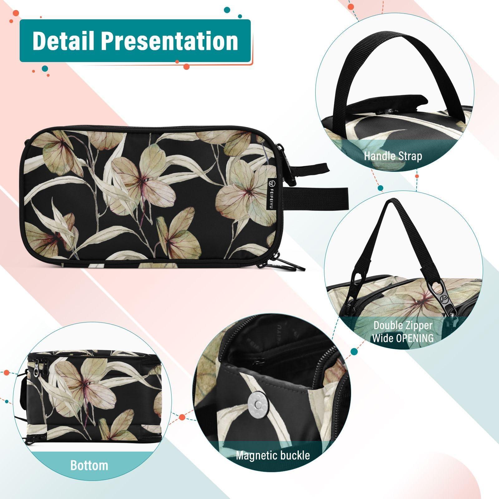 DALAWU Large Capacity Travel Cosmetic Bag for Women Dry Leaves and Hydrangea Flowers Travel Portable Cosmetic Pouch With Handle and Divider Flat Lay Bag Organizer Toiletry Bag Makeup Box for Skincare Cosmeti