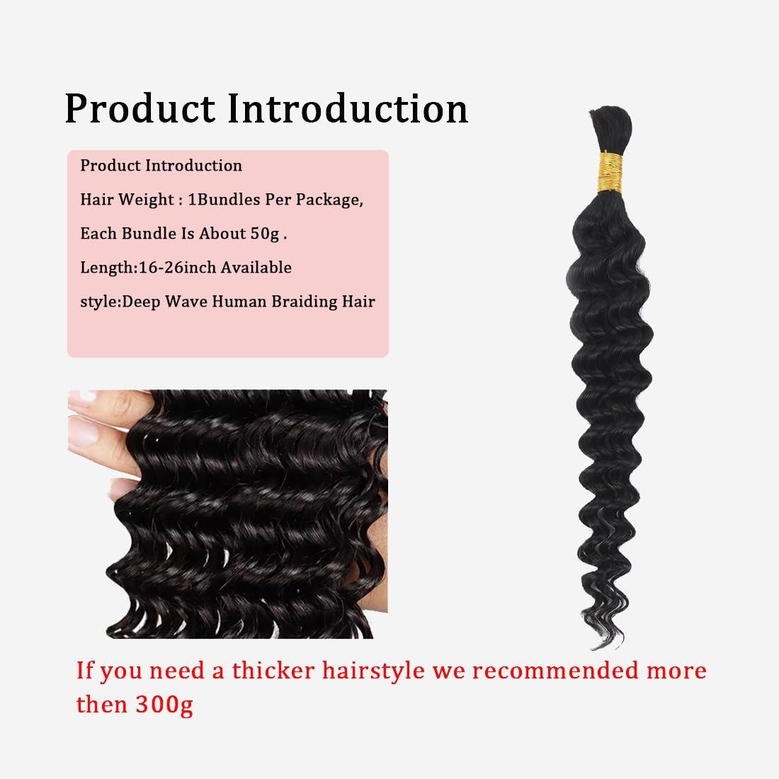 hengya Human Hair for boho Braids 20 Inch 1 Bundles Deep Wave Bulk Human Braiding Hair 10A Brazilian Virgin Human Hair Extensions for Boho Braids Wet and Wavy Human Braiding Hair Black