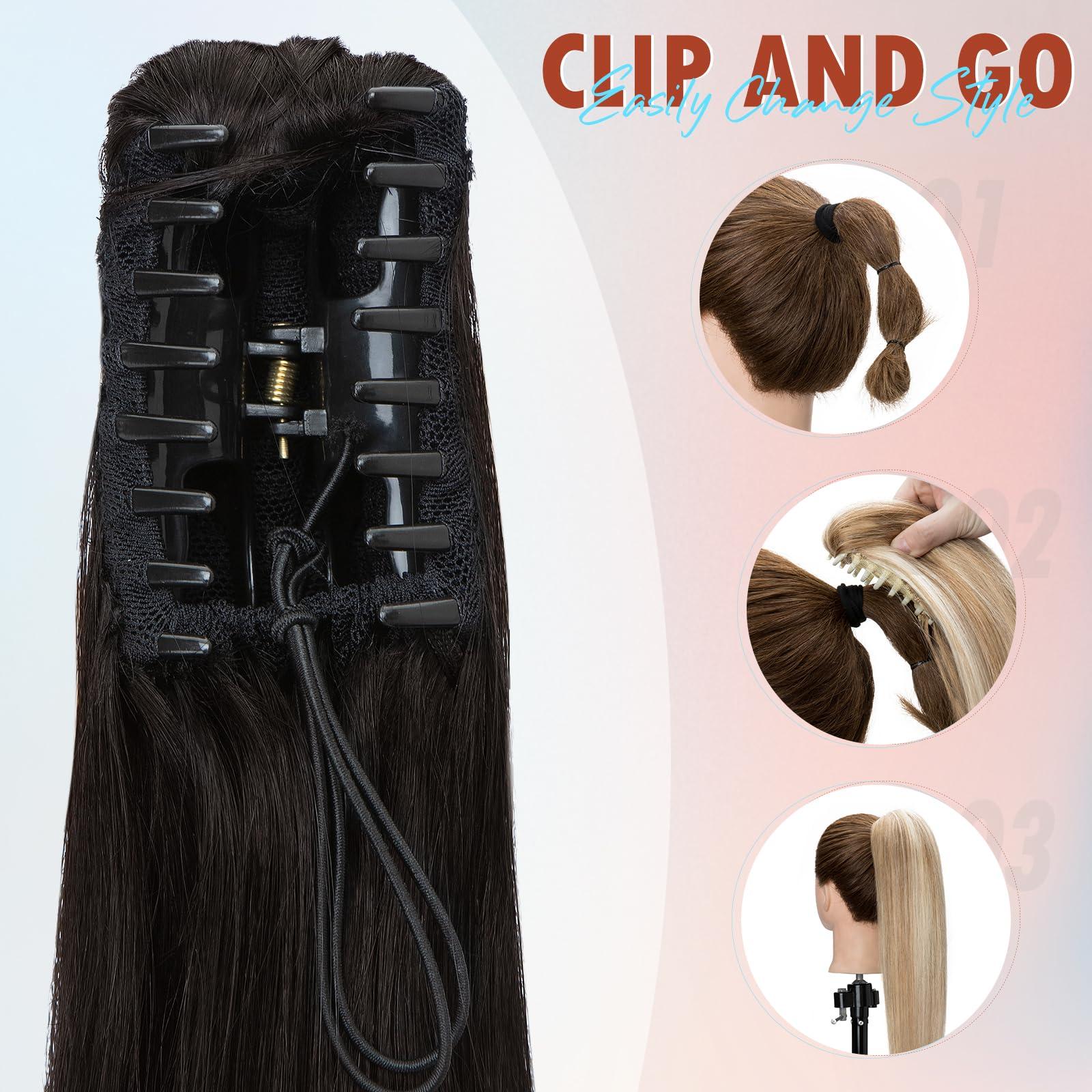 Hairro Hairro Clip On Ponytail Hair Extensions Jaw On Claw Clip Ponytails Real Hair Long Jaw/Claw Pony Tail With Clips Hairpieces For Women 14 Inch 105g 1B Natural Black
