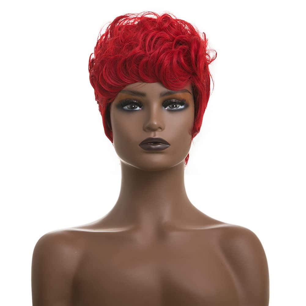 BingSing Red Pixie Wig for Women Natural Wavy Hair Pixie Cut Wigs with Bangs Red Pixie Wig Burgundy Short Red Pixie Wig Short Curly Red Wig for Black Women Synthetic Hair Pixie Cut Wig for Black Women (Red)