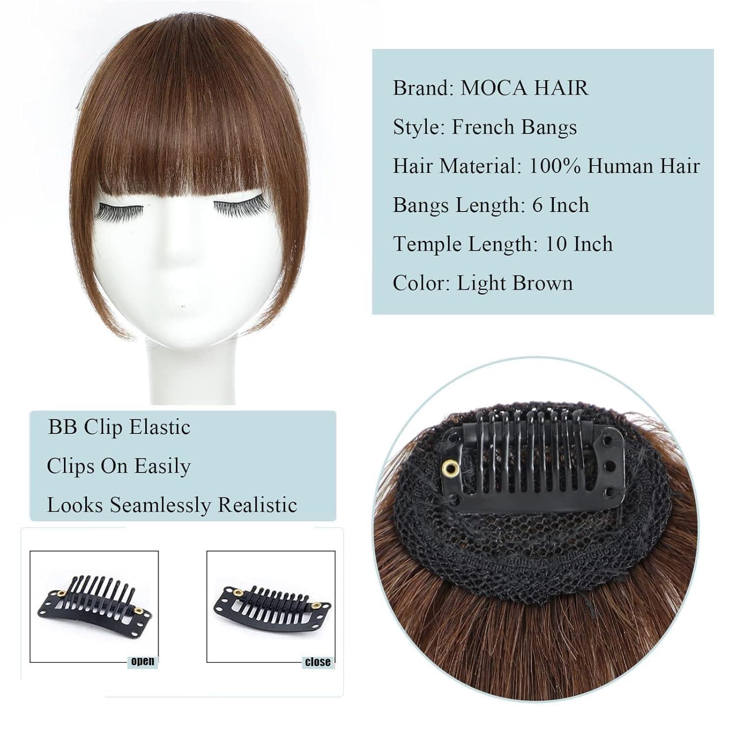 MOCA HAIR Clip In Bangs 100% Human Hair Bangs Clip In Hair Extensions Clip On Bangs French Light Brown Clip In Bangs Real Human Hair Fake Bangs For Natural Hair