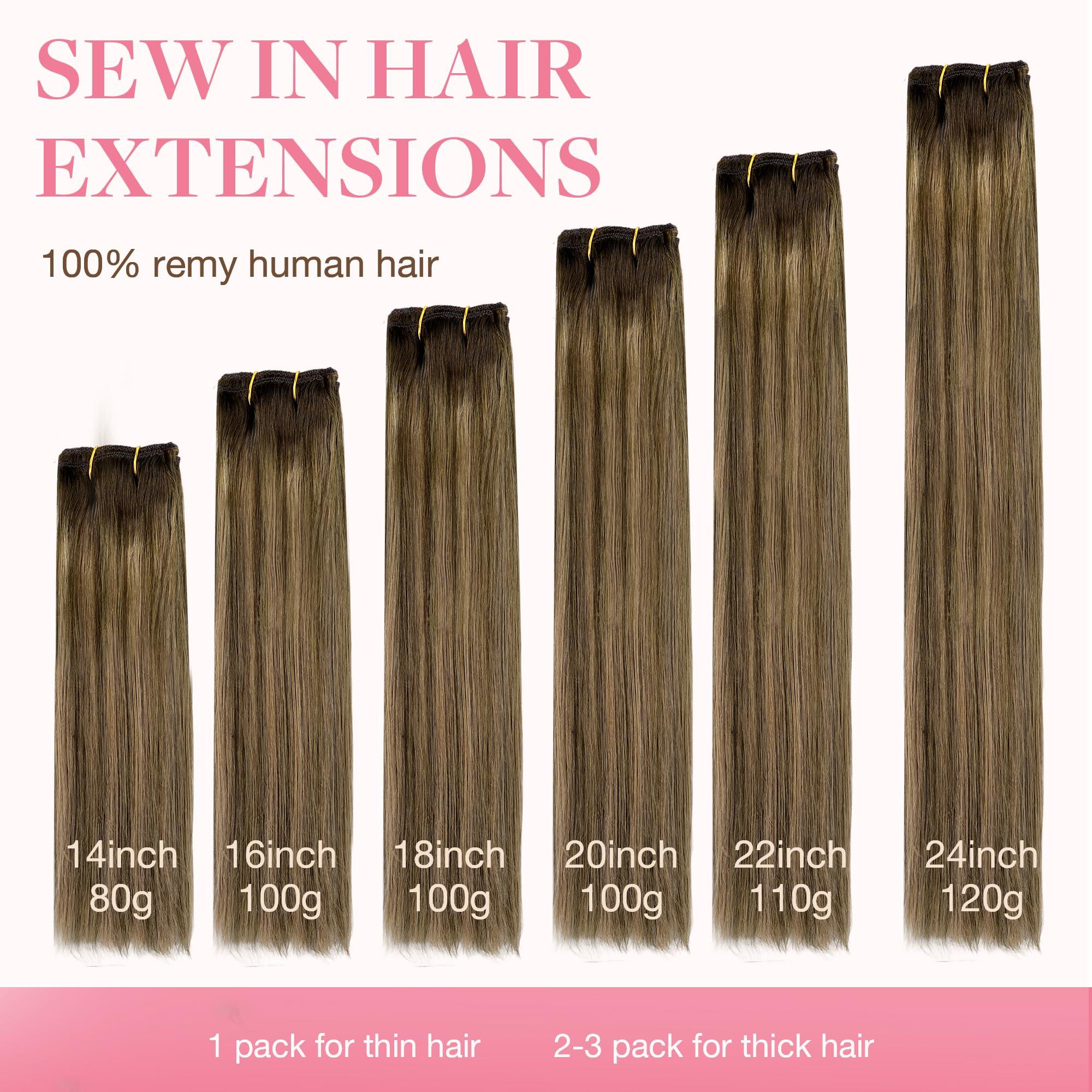 GOO GOO GOO GOO Sew in Hair Extensions Real Human Hair, Weft Hair Extensions Human Hair, 4D/14/5B Brunette Balayage 16inch 100g, Weft Bundles Straight Silky Remy Hair