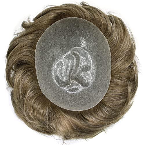 LHC Hair System For Men 0.1MM Full Poly Toupee For Men Human Hair ComfortableWiht durable Mens Hair Pieces Protesis Capilar Para Hombre (8\'\'*10\'\', #740 7# VERY LIGHT BROWN WITH 40% SYNTHETIC GREY -110% light to medium density)