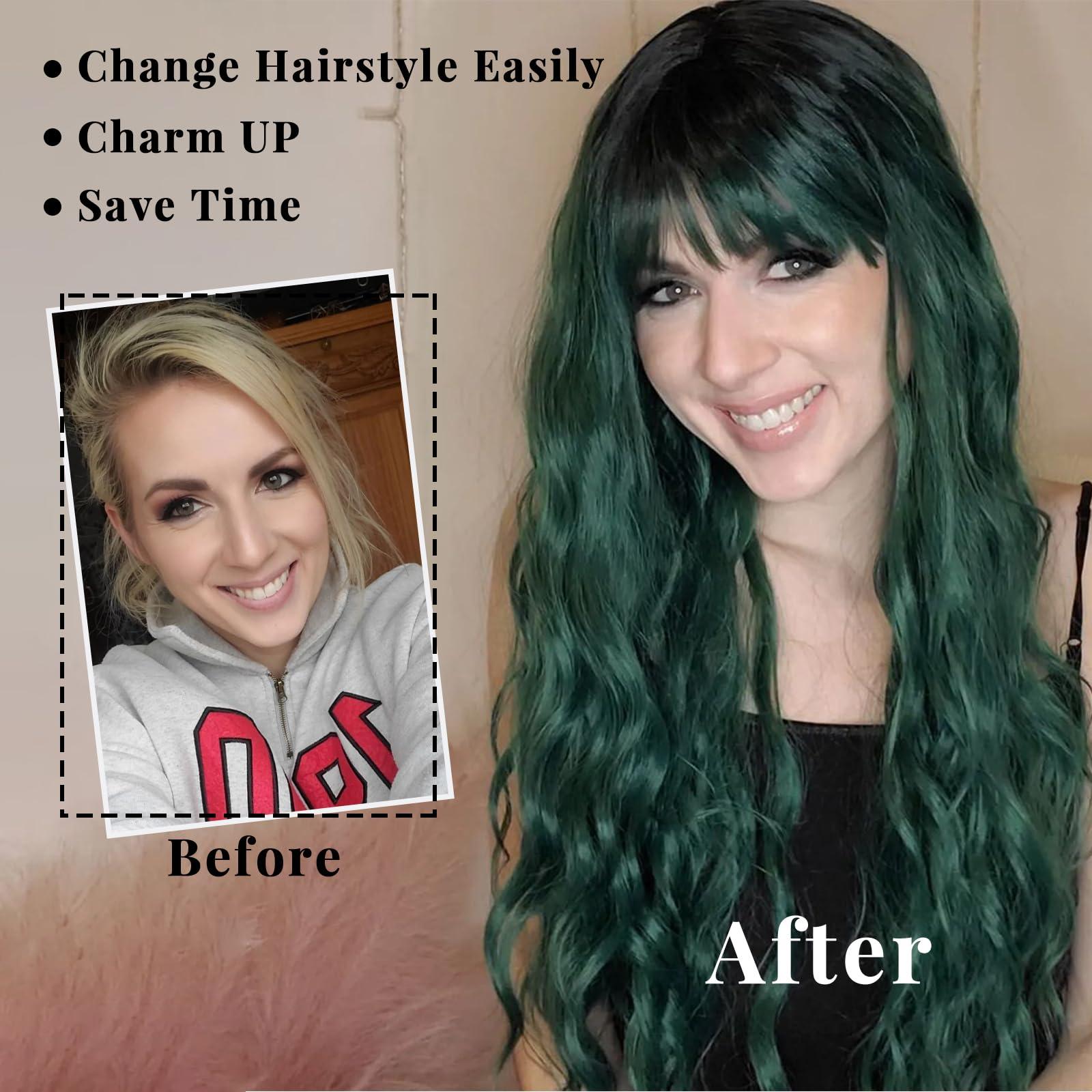 MERISIHAIR MERISIHAIR Long Dark Green Wig with Bangs,Ombre Curly Green Wig for Women,Long Dark Green Cosplay Wig Synthetic Natural Looking for Daily and Party