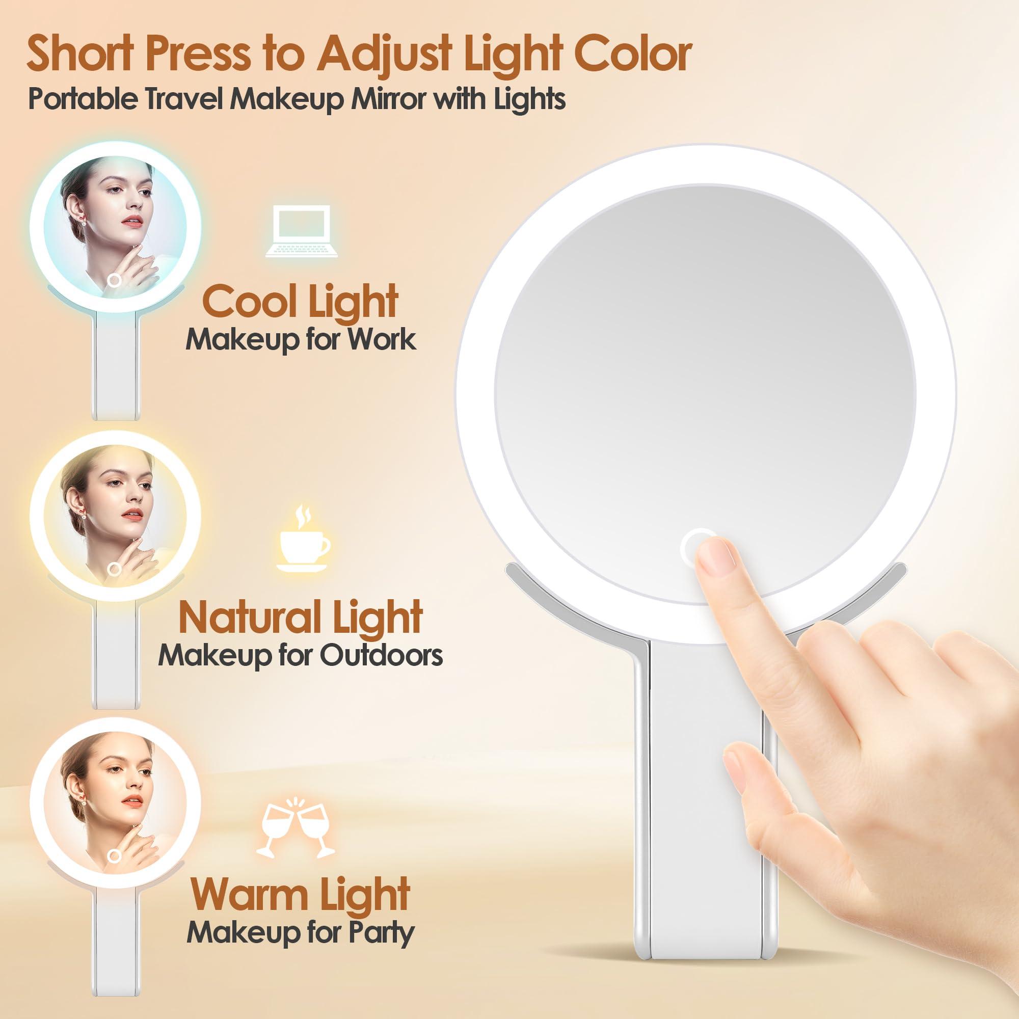 MIYADIVA MIYADIVA Travel Magnifying Mirror with Light, Double Sided 30X/1X Lighted Travel Makeup Mirror with Magnification, 3 Color Lighting, Dimmable Touch Screen, Adjustable & Foldable Hand Mirror(White)