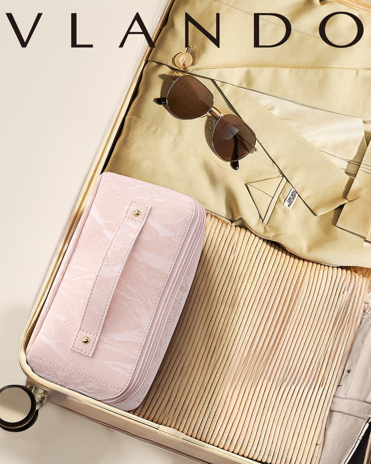 Vlando Vlando Makeup Bag,Travel Makeup Bag Waterproof Portable Cosmetic Bag PU Leather Open Flat Make up Organizer for Toiletries,Christmas Gifts Birthday Gifts for Women Girls Travelers(Sand Pink)