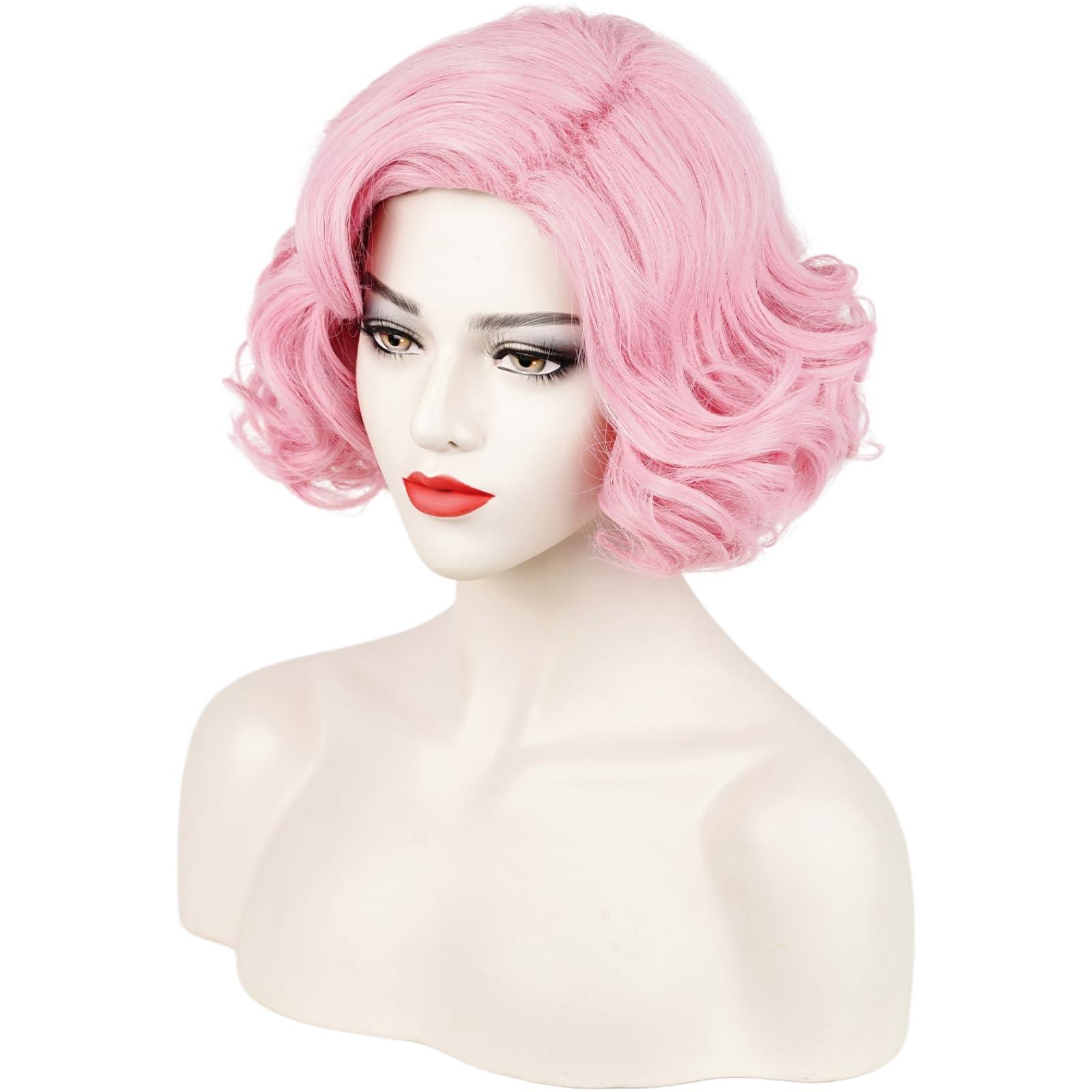 Wiggy Mermaid Short Pink Curly 1920s Wig for Women Adult, 50s Frenchie Wig Pink Bob Finger Wave Wig for Pink Ladies,Roaring Flapper Synthetic Hair Wig + Wig Cap for Halloween Costume Party Cosplay