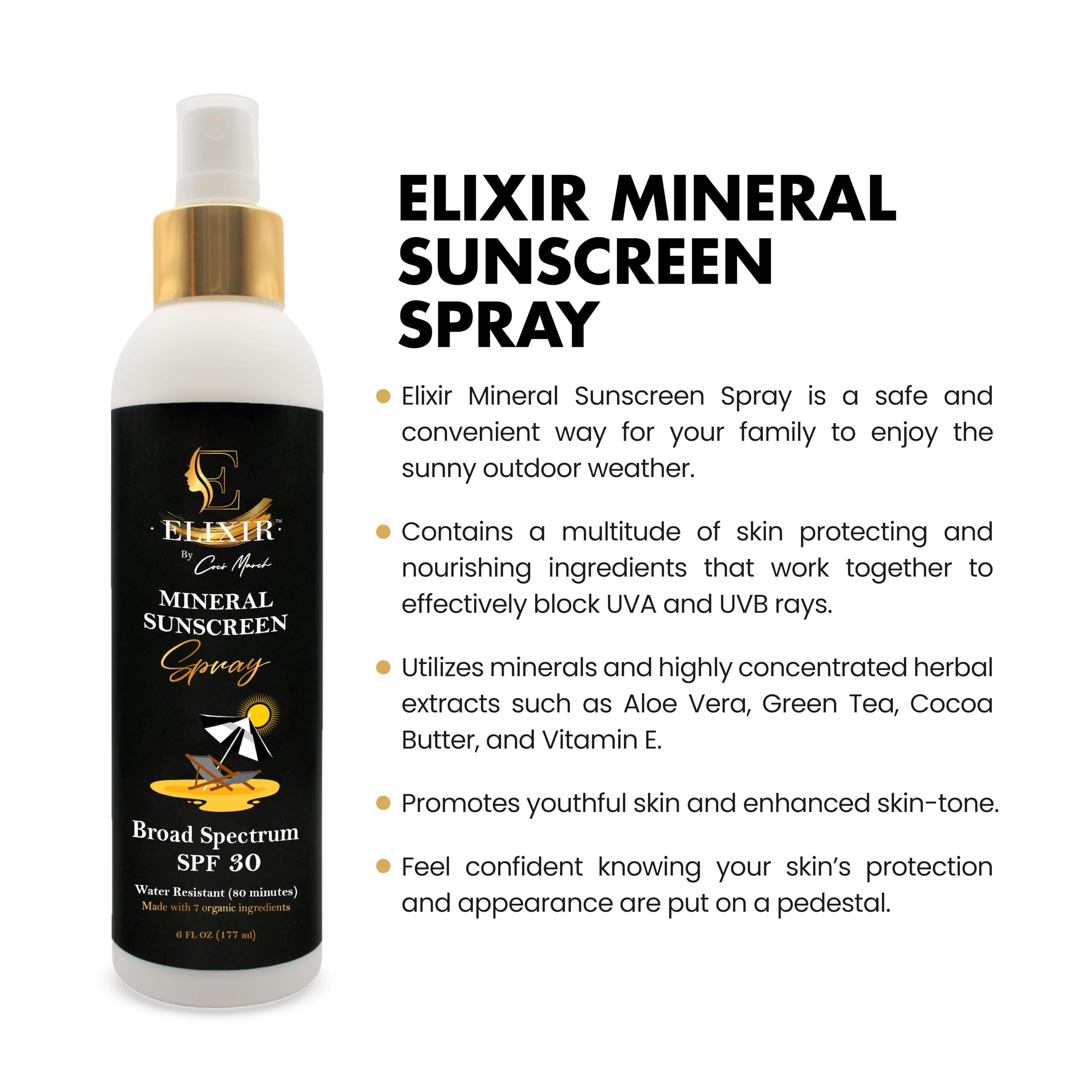 Elixir by Coc March Organic Broad Spectrum Mineral Sunscreen Spray 30 SPF Chemical Free For Adults & Children 6 fl oz Organic Aloe Vera Vitamin E & Green Tea ELIXIR by Coco March