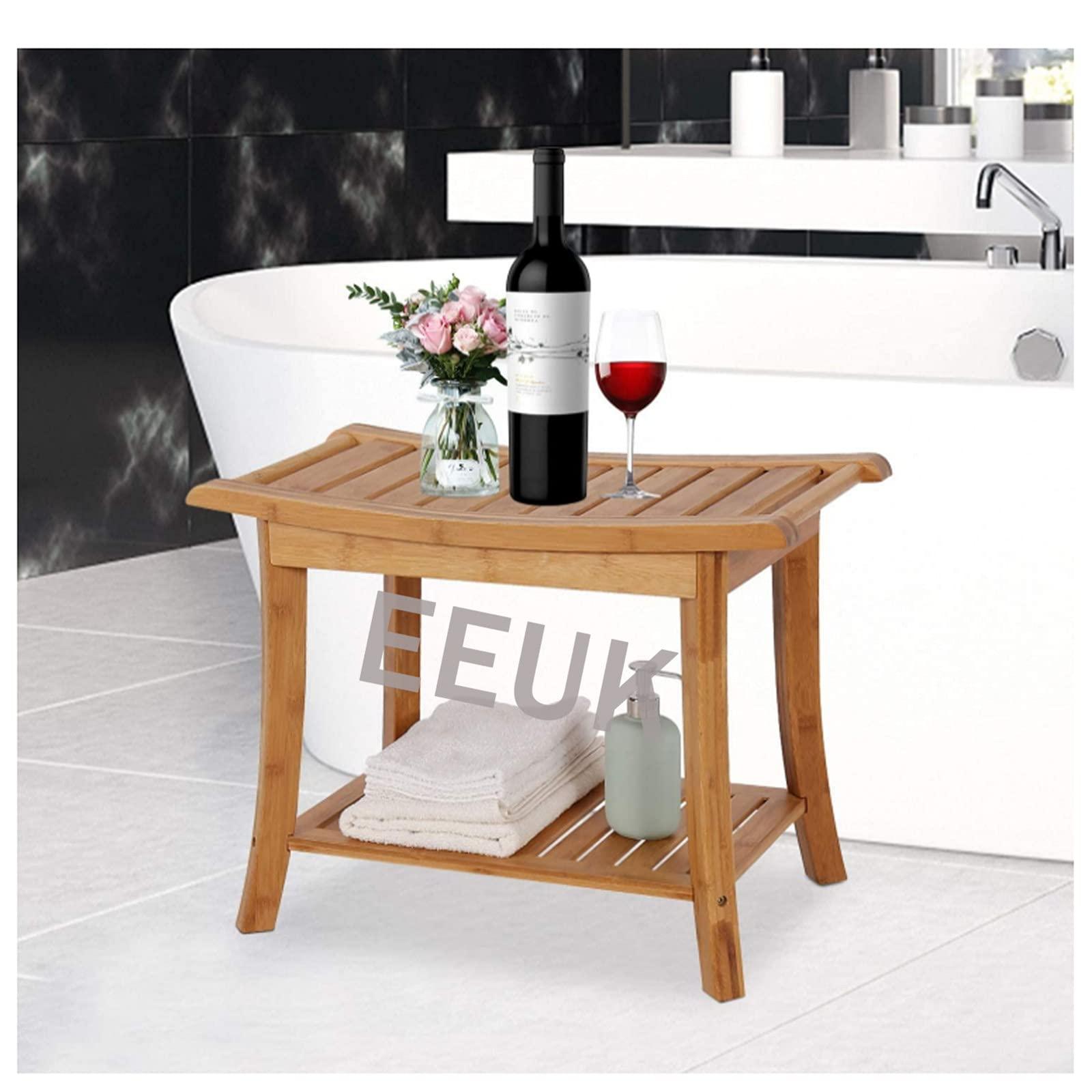 MQSS MQSS Shower Bench Wood Waterproof, Bamboo Teak Shower Stool for Shaving Legs with 2-Tier Storage Shelf Shower Spa Chair Seat for Indoor Outdoor