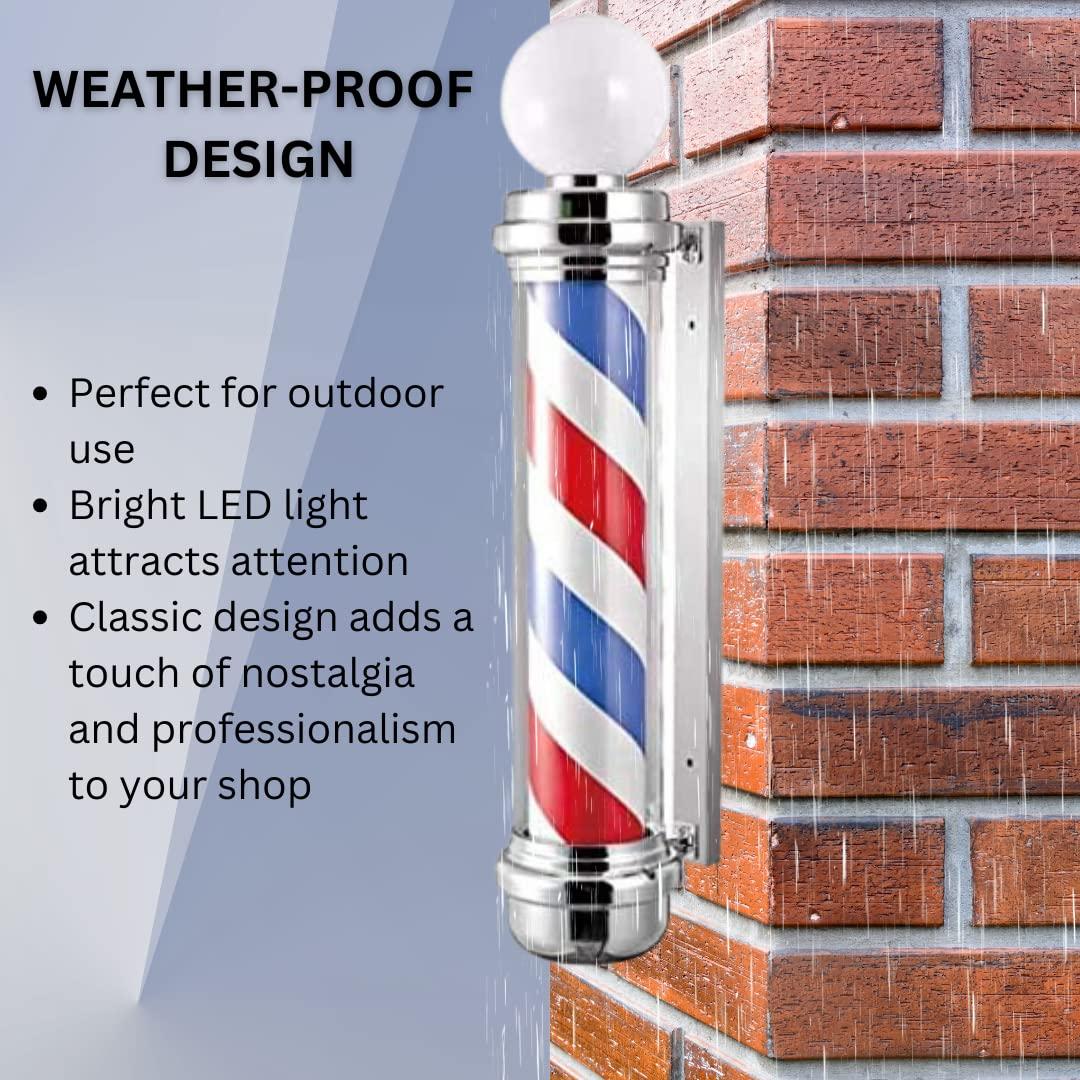 OMWAH Classic Barber Pole 34. 5" Rotating LED Stripes Light Hair Salon Open Sign Red White Blue Waterproof Indoor/Outdoor
