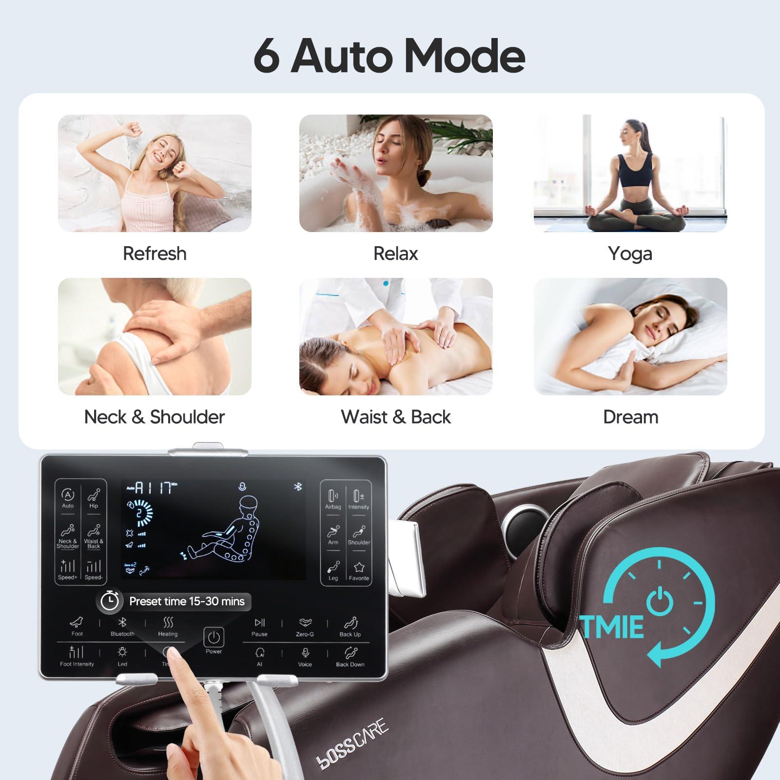 BOSSCARE BOSSCARE 2025 Full Body Zero Gravity Massage Chair, APP Control Shiatsu Massaging Recliner with Foot Roller, Back Heated, Bluetooth Speaker, Touch Screen for Family & Friends