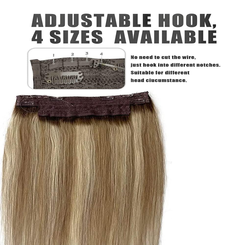 SUNFA Halos Hair Extensions, Fish Line Hair Extensions, Wire Extensions Human Hair,14Inch 70g Ombre Balayage Ash Brown to Dirty Blonde and and Platinum Blonde Highlights Straight Hairpiece Flip in Hair Extensions Clip in Extensions with Invisible Fish Line