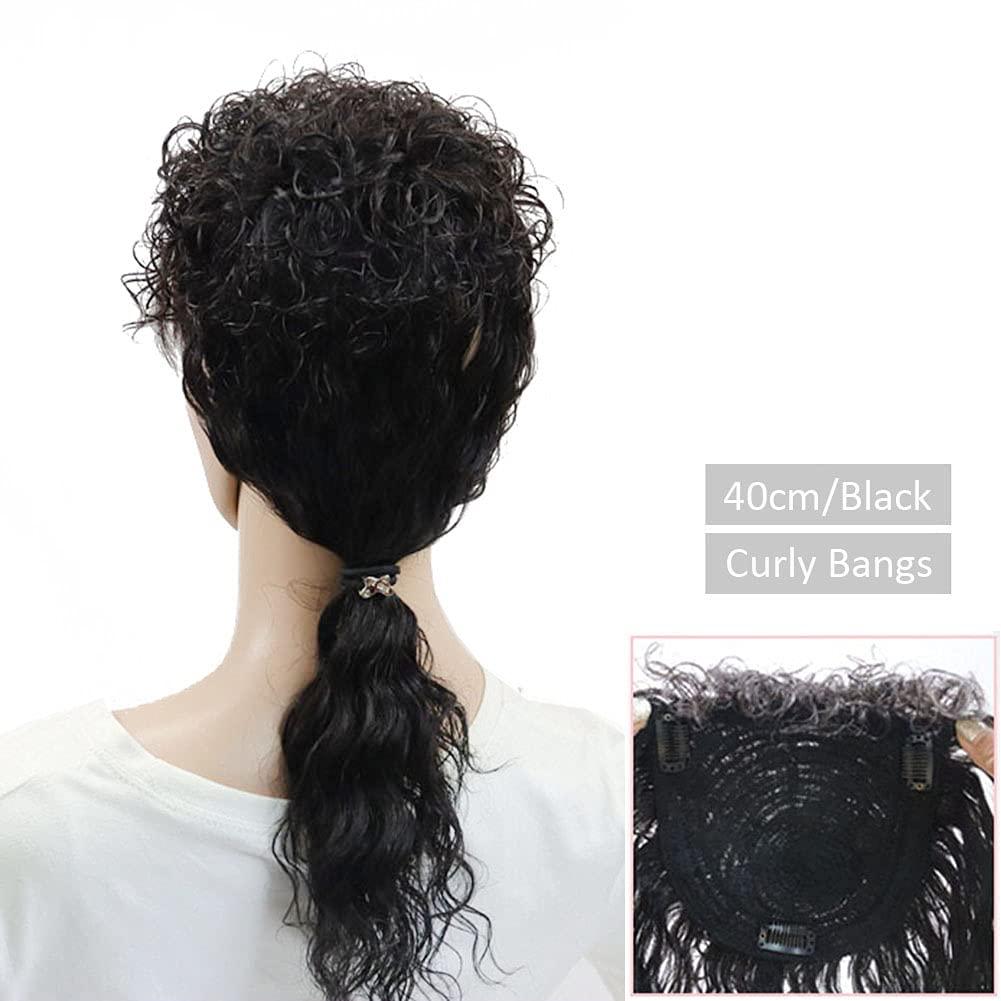 LesafeV LesafeV 100% Real Human Hair Easy Wear Clip in Hairpiece With Bangs Extension Top Topper for Black Women 40cm/Curly Bangs Black