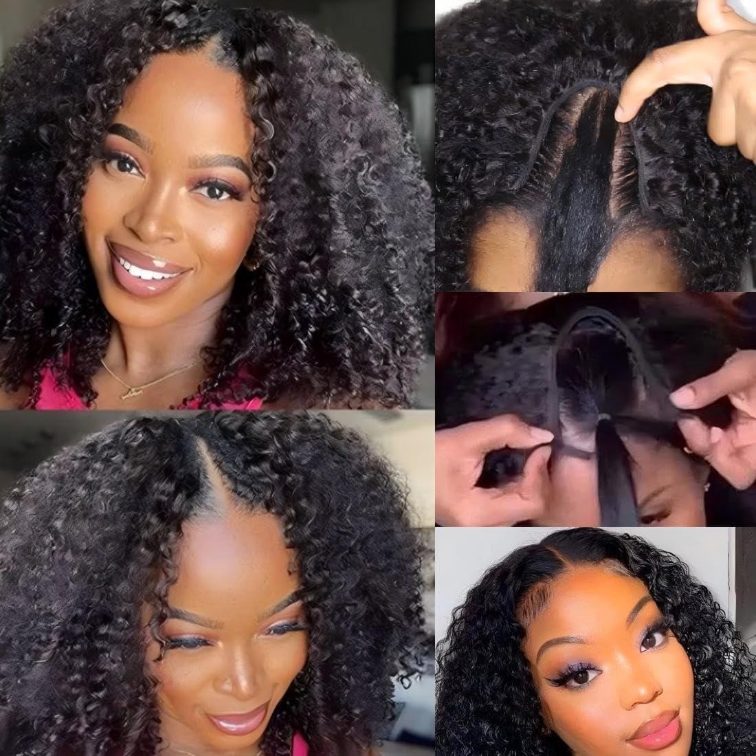 ISEE ISEE V Part Wig Human Hair Curly Minimal/No Leave Out Upgrade U Part Wig for Black Women Human Hair V Shape Wig Kinky Curly Thin Part Glueless Clip In Half Wig 180% Density Natural Color 26 Inch