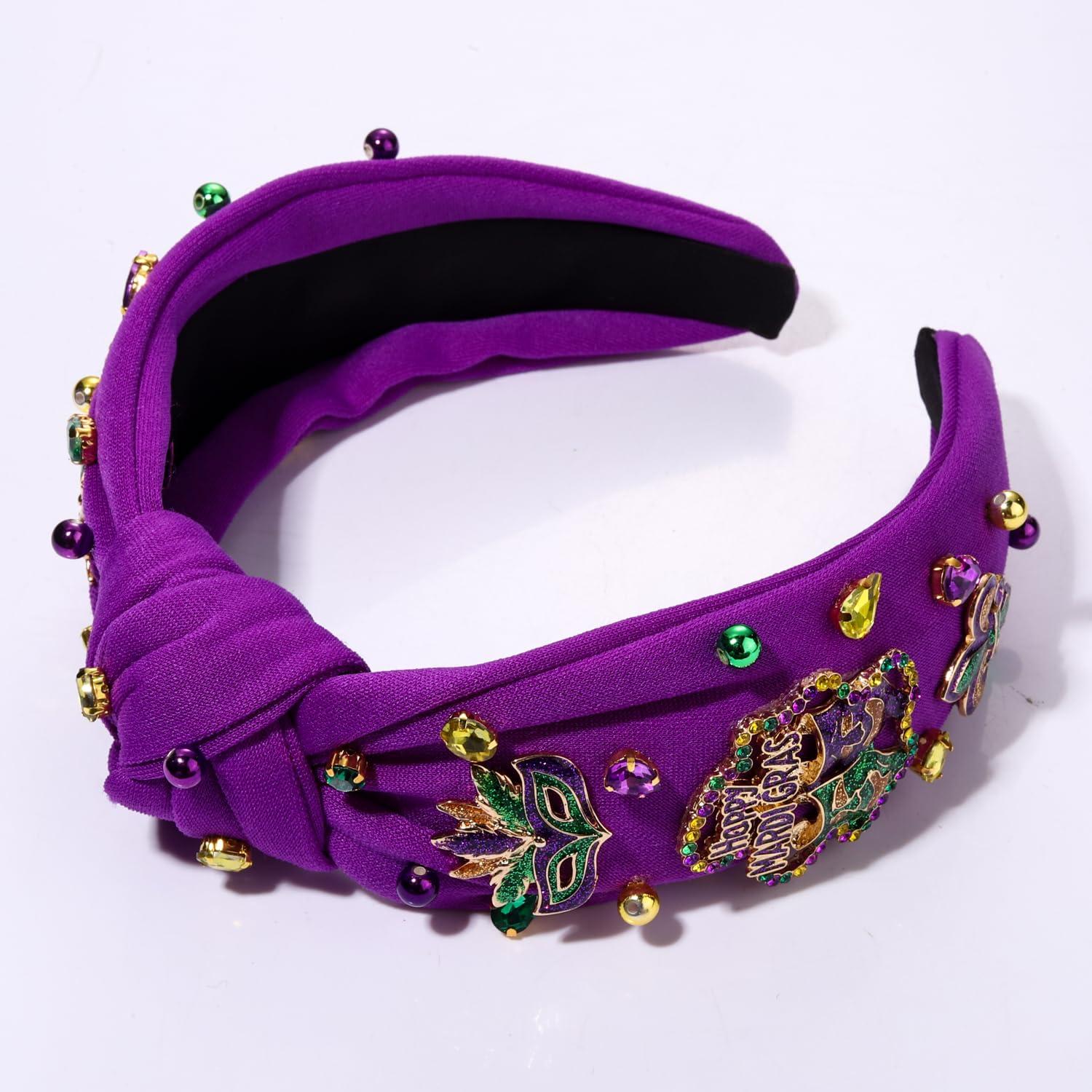CEALXHENY CEALXHENY Mardi Gras Headband for Women Fleur De Lis Crown Mask Headband Purple Jeweled Rhinestone Pearl Top Knot Headband Carnival Mardi Gras Accessories Parade Party Favors Gifts (Mixed 2 - Purple)