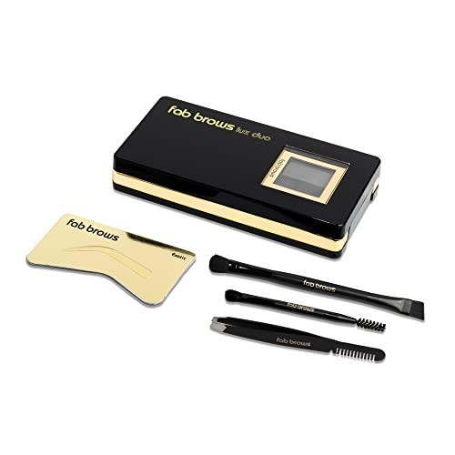 Fab Brows Fab Brows LUX Duo Stencil Eyebrow Kit - The Ultimate Brow Stencil Kit with Duo Brow Powder, Highlighter Powder, Stencil Shapes, Eyebrow Tools & Mirror - Eyebrow Stencil Kit Makeup - Slate/Black