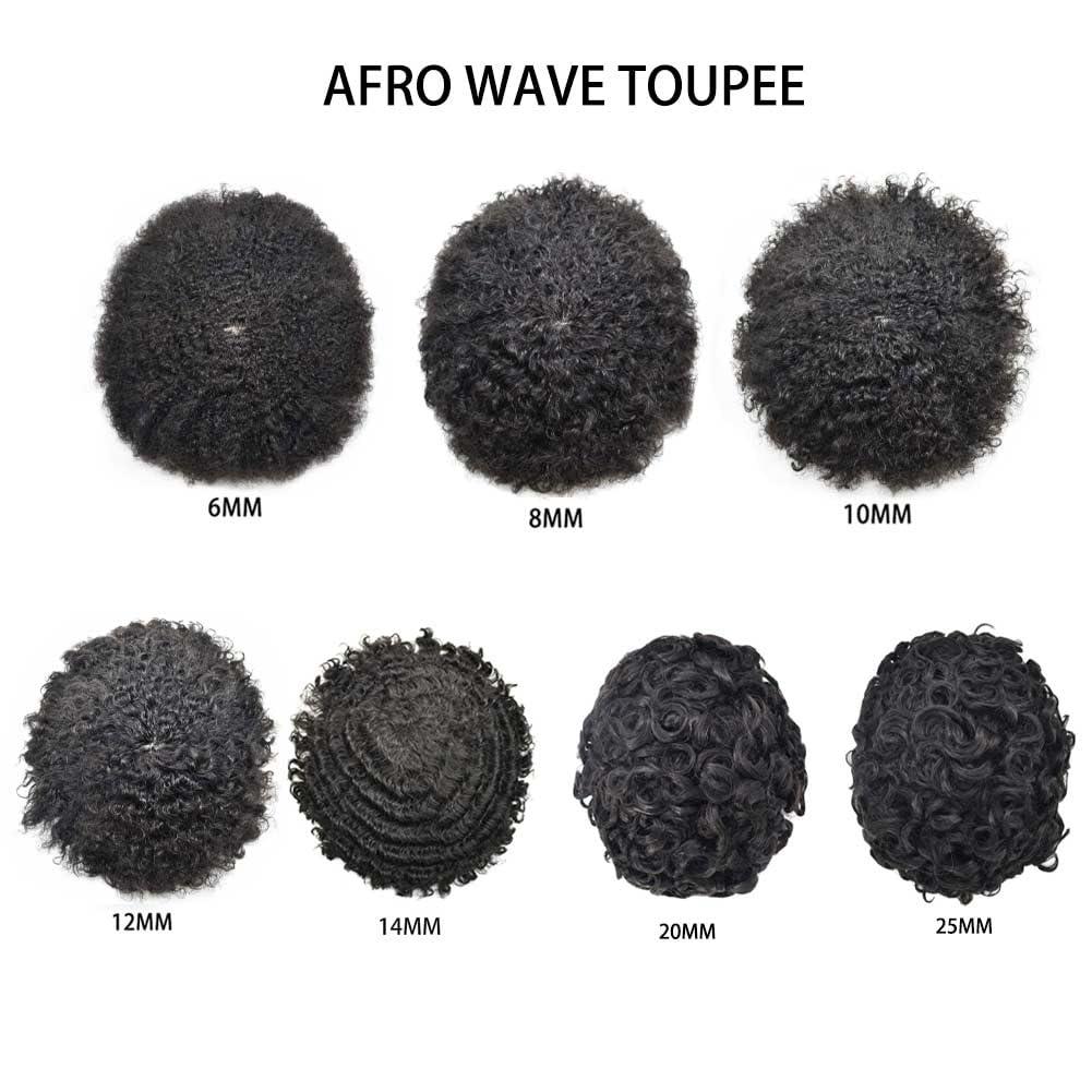 Hair Wonders Afro Toupee for Black Men Soft Full Poly African American Men Toupee Kinky Curly Brazilian Human Hair Pieces Man Weave Hair Unit Black Men 8x10 inch Hair Units for Black Men 1# JET BLACK 12mm wave