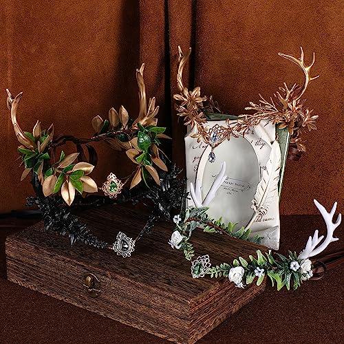 MOSTORY MOSTORY Gold Fairy Antler Crown - Woodland Flower Deer Horns Headpiece Elf Forest Ciecle for Women Renaissance Cosplay Ren Faire Outfit Hallween Costume