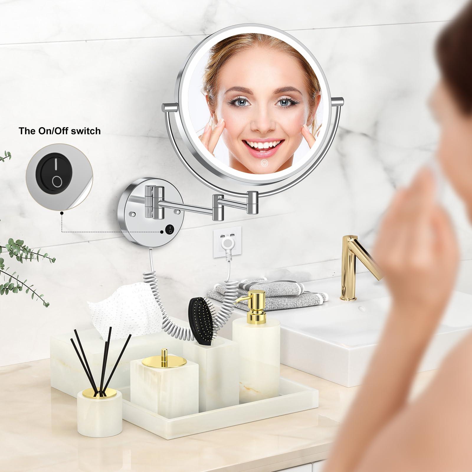 Rocollos Rocollos 9\" Plug-in Wall Mounted Lighted Makeup Mirror 1X/10X Magnification, Super Large Double Sided LED Vanity Mirror for Bathroom, 3 Color Dimmable 360Swivel Extendable Shaving Cosmetic Mirror