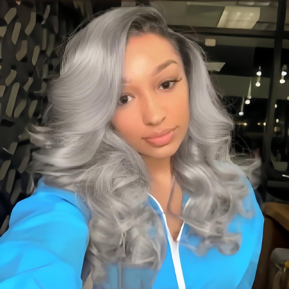 FENJUN HAIR FENJUN HAIR Ombre Silver Grey Wig Human Hair Dark Roots Wet and Wavy Lace Front Wigs for Black Women Body Wave Ash Blonde Wig Glueless Pre plucked Ombre Gray Wigs for White Women 150% Density 14 Inch