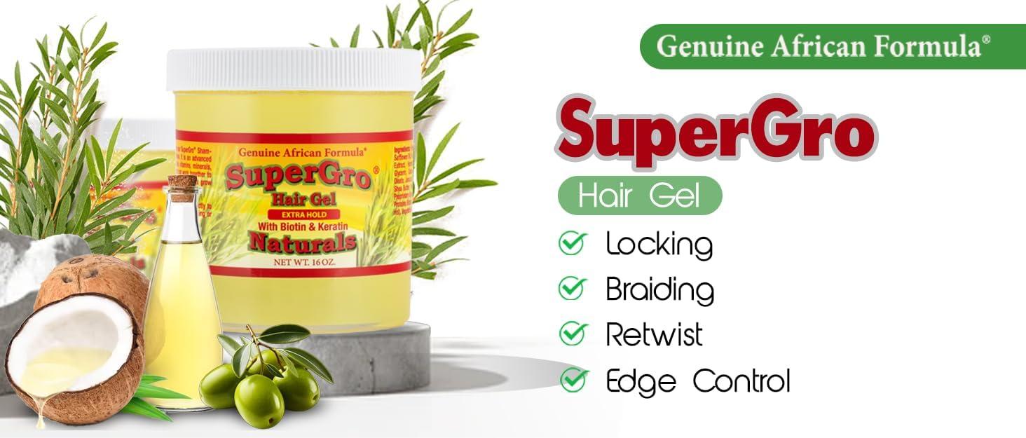 African Formulas SuperGro Hair Gel with Extra Hold - For Breading, Locking, Twisting, Retwisting, Styling - Natural Hair Gel for Nourishing, Shining for Silky, Wavy, Curly, Coily, Frizzy Hair - Hair Care Gel 4 oz