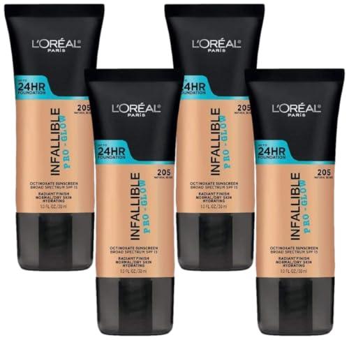 LOral Paris L\'Oreal Paris Makeup Infallible Up to 24HR Pro-Glow Foundation, 205 Natural Beige, 1 fl; oz. (Pack of 4)